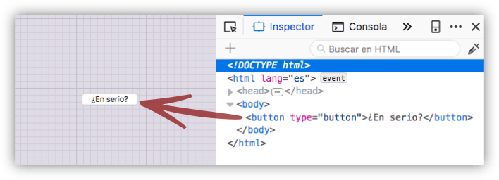 Captura de Firefox mostrando el HTML de un botón básico y el resultado
